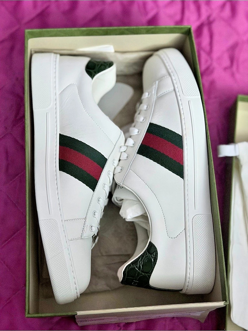 Gucci Ace Sneaker with Green Croc-Embossed Heel White & Green EU 39